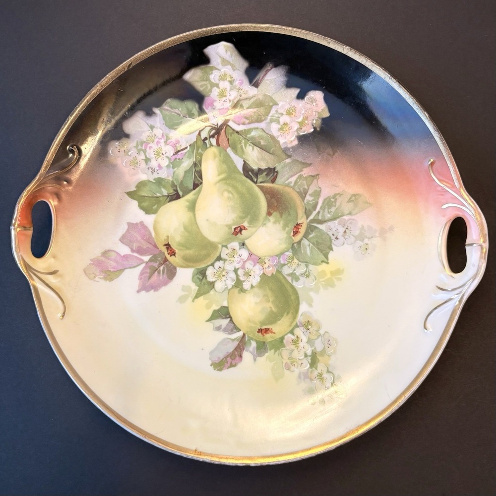 Vintage Three Crown China Germany Pears Floral Cake Plate Gold Trim Handles